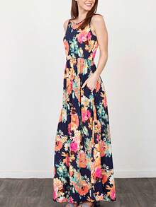 Boho Retro Vintage  Solid  Grey Color Block Color Sleeveless Grey Maxi Dress Racer | S-3X - Blue Floral - View 6