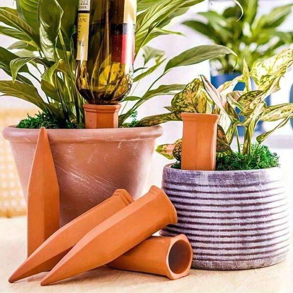 Ceramic Terracotta Self Watering Spikes (4 Packs/6 Packs) Vacation Automatic Plant Waterer Devices, Indoor/Outdoor Planter Insert, Terra-Cotta Stakes For Potted Plants, Auto-Water System