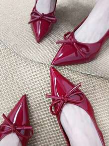 Wine Red High Heels Women's French Toe-Covered Sandals With An Open Back For Summer 2025; New Style With A Shoe And Bowknot.