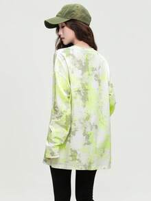 Fashionable Tie-Dye Printed Long Sleeve T-Shirt, Versatile Letter Print Women Long Sleeve T-Shirt - 0A32 Fluorescent Yellow-681 - View 3