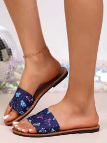 Women's Casual Round Toe Colorful Butterfly Print Rhinestone Decor Flat Slippers