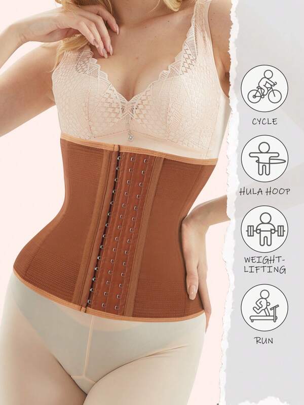 Brown Shaping Lacing Belt 9 Steel Bone Nylon Elastic Waist Trainer, Postpartum Slimming Corset, Sports & Fitness Waist Cincher For Women