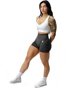 Gymreapers Seamless Workout Shorts High Waist Biker Shorts Women Athletic Gym Running Pilates Yoga Sport Short Halloween Christmas New Year - Flat Gray - View 3