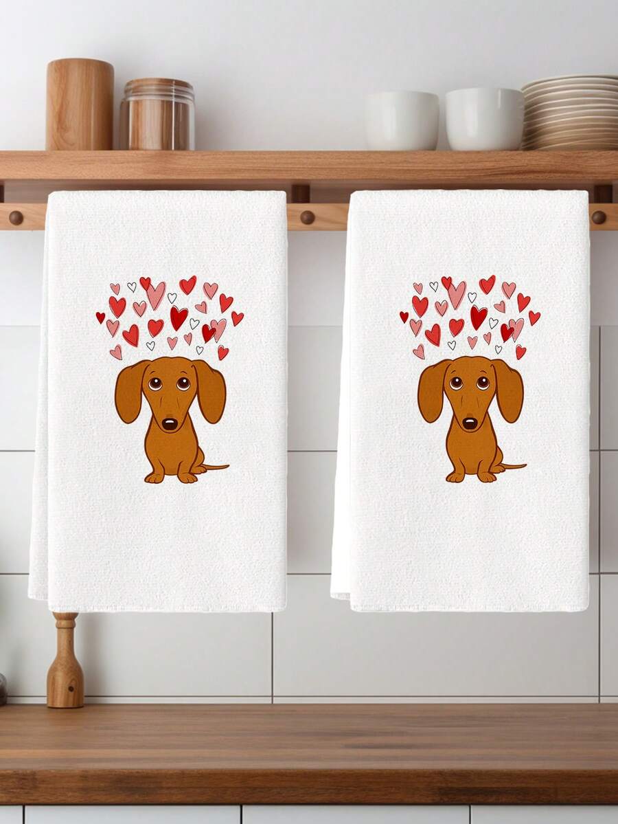 2 Khăn lau bếp ngày Valentine họa tiết chó, quà tặng gia đình ấm áp, khăn tắm cá nhân hóa với hình ảnh rất nhiều chó Dachshund (chất liệu microfiber) - trắng - Xem 1