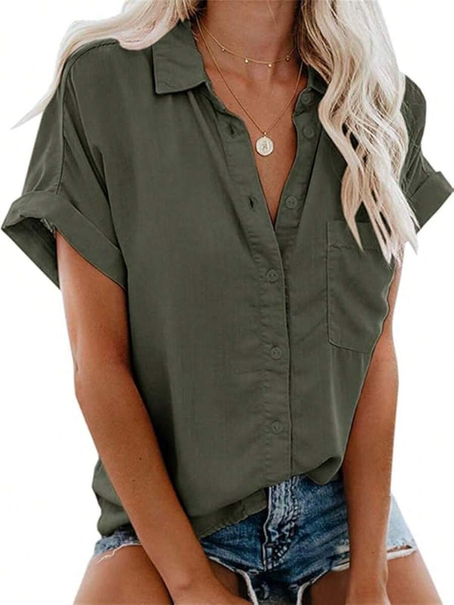 Camisas casuales de mujer de manga corta y abotonadas 2025 Moda de verano Camisa de algodón y lino con bolsillo - Verde militar - Ver 1