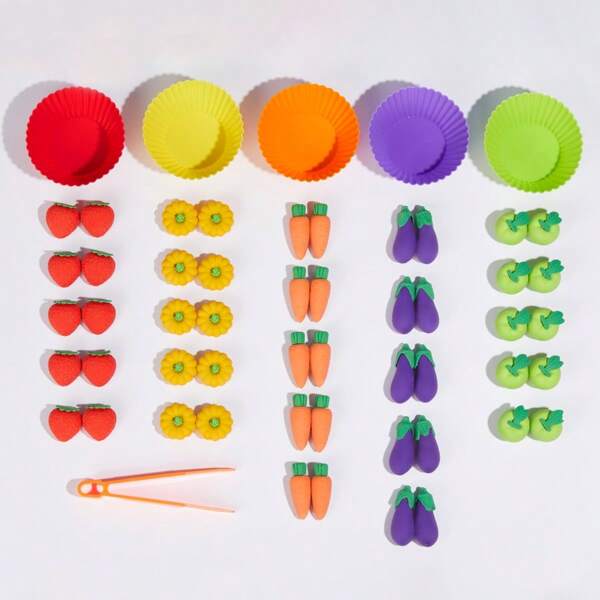 50pcs Vegetable & Fruit Counting Toys, Kids Fine Motor Skills Training, Color Recognition & Sorting Educational Tools, Preschool Eye-Hand Coordination Development Puzzle