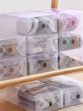 12/20pcs Thick Flip-Top Shoe Storage Boxes, Foldable Transparent Plastic Shoe Organizers, Space-Saving Shoe Rack Containers