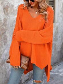 2025 New Arrival Versatile Solid Color Ribbed Split Front Short Back Long Casual Comfortable Loose Fashion Premium Sweater - Orange - View 5