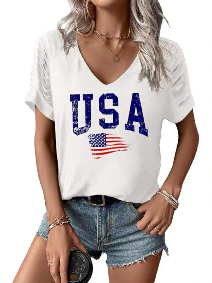 4th Of July V Neck Patriotic T-Shirts Women American Flag Print Faith Family Freedom Letter Casual Short Sleeve Tee Tops Halloween Christmas New Year - 白色-1 - 查看 1