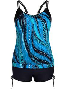 Womens Plus Size Striped Printed Strappy Tankini Top With Shorts Two Pieces Swimsuit - Blue Print2 - View 1