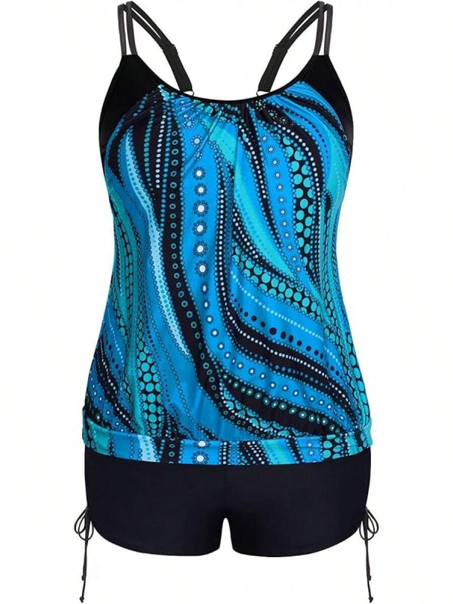 Womens Plus Size Striped Printed Strappy Tankini Top With Shorts Two Pieces Swimsuit - Blue Print2 - View 1