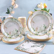 10/20/50pcs,Gold Rim Watercolor Eucalyptus Disposable Tableware, Green Leaf Gold Foil Print 7inch & 9inch Paper Plates,9oz Cups And Napkins,Elegant Green Eucalyptus Floral Plates For Wedding Bridal Shower Garden BabyShower Party Supplies - Multicolor - View 1