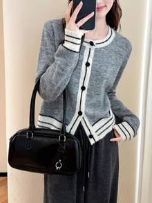 Alicedudu Áo khoác cardigan dệt kim họa tiết sọc màu tương phản cao cấp tối giản dành cho nữ mùa thu/đông - Màu Xám nhạt - Xem 3