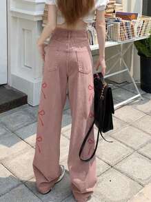 Women's Solid Color Mid-Waist Straight Loose Fit Butterfly Embroidery Casual Jeans