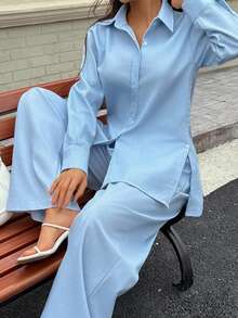 DEEKA 女式春夏秋季 Polo 领休闲开衫，百搭纯色优雅衬衫上衣，柔软面料，宽松褶皱阔腿裤，两件套阿拉伯风格套装，适合海滩度假、办公室、街头穿着 - 藍色 - 查看 4