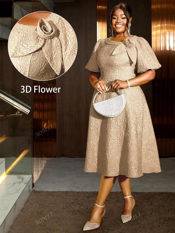 Women Plus Size Rose Jacquard Flared Puff Sleeve A-Line Graduation Dress, Suitable For Commuting, Elegant Cocktail Semi Formal Prom Dress, For Birthday, Wedding Guest, Graduation, Dinner, Homecoming