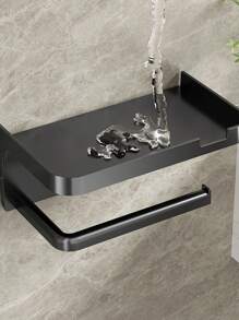 1pc Wall-Mounted Toilet Paper Holder With Storage Shelf - Black, Self-Adhesive, No-Drill Design For Bathroom, Kitchen, Or Hotel - Ideal For Holding Toilet Paper, Phone, And Accessories, Accessory Holder Modern Wall Shelf Durable Plastic, Toilet Paper Holder Back To School