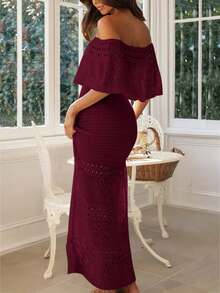 2026夏季新款优雅系带露肩镂空针织连衣裙，酒红色，女士度假装，女士春季穿搭，街头风，女士优雅连衣裙，女士邮轮装，沙滩装，度假装，派对礼服，女士生日装，节日服装，女士新年装，商务休闲女装 - 酒紅色 - 查看 5