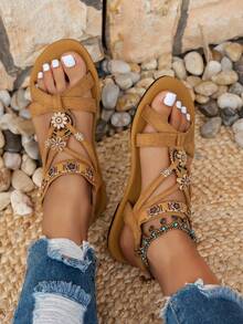 女士时尚波西米亚风格平底凉鞋，休闲百搭，适合婚礼、派对、户外、海滩 - 棕色 - 查看 6