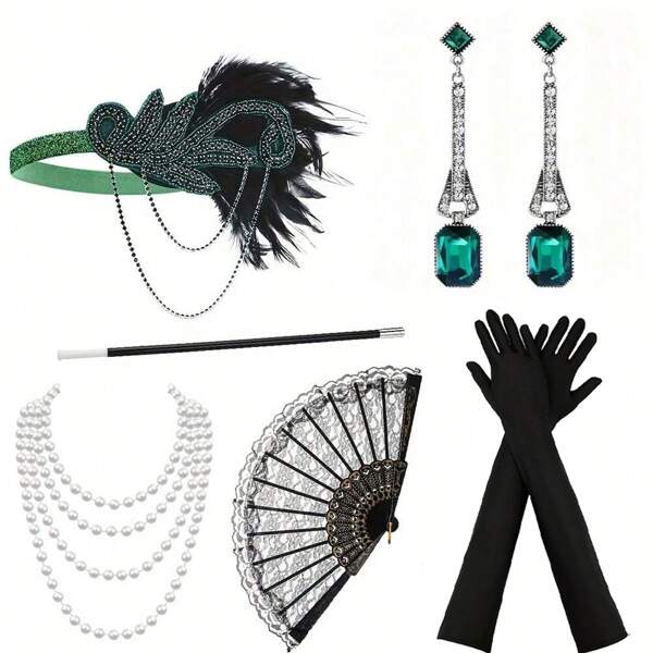 Conjunto de 6 acessórios de roupas elegantes e sensuais femininas da década de 1920, acessórios de alta qualidade para despedida de solteiro, festa dançante - faixa de cabeça, luvas, leque, acessórios para fantasias de festa de fim de ano