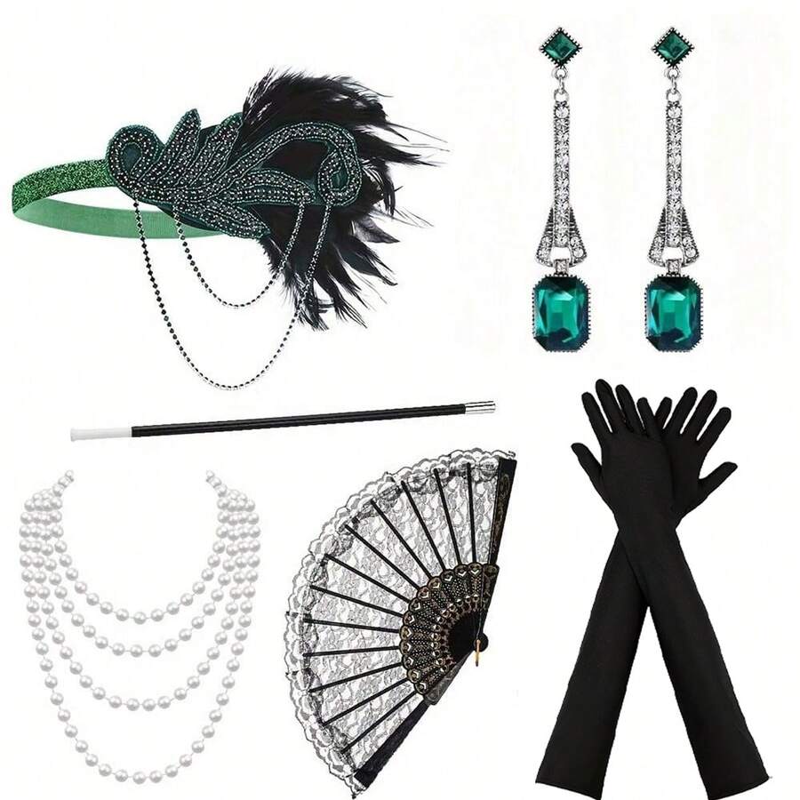 6件套1920年代风格女士优雅性感服装及配饰套装，高端配饰，适合单身派对、舞会、节日派对等场合。包括头饰、手套、手扇等。 - 彩色 - 查看 1