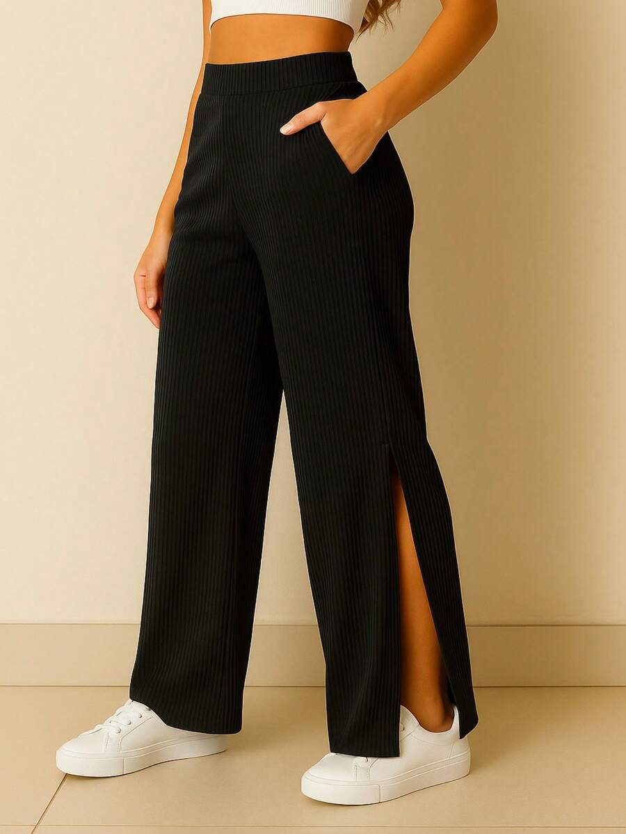 Women's Wide Leg Flared Trousers With Side Slit And Pocket Side Opening Night Daily - 黑色 - 查看 1