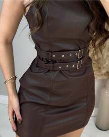 Buckle Leather Dress - Coffee Brown - View 2