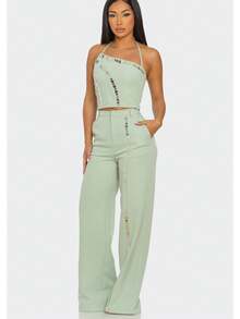CHRISTINE PANTS SET   Casual    Pocket  Zipper  Button    Office - 聖人 - 查看 5