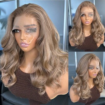 金色挑染棕色混色 13x4 女士合成蕾丝前假发 14 英寸波浪无胶 Kanekalon 防发合成假发免费部分 150% 密度无胶蕾丝前假发 鲍勃发型 波浪发 可直接佩戴合成假发 适合日常派对节日假期表演者使用