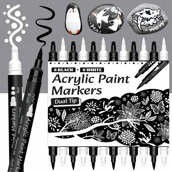 6 weiße und 6 schwarze/12/24 Farben Doppelspitze Acryl-Farbstifte, Marker, Premium-Acryl-Farbstifte für Holz, Leinwand, Stein, Felsmalerei, Glas, Keramikoberflächen, Basteln, Kunstbedarf, Schulbedarf, Schulanfang