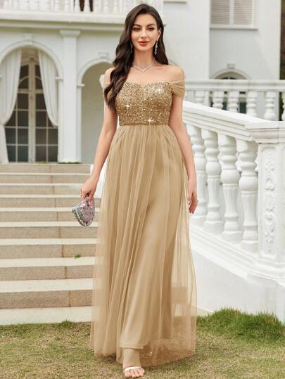 CHOSMO Elegant Solid Color Formal Dress, Knitted Fabric With Backless, Mesh Inset, Sequin Accent, Women's Dress For Prom, Wedding, Birthday Party, Anniversary, Graduation Party, Music Festival, Formal Occasion, Photoshoot, Stage Performance