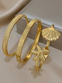 18K镀金不锈钢海洋海星贝壳锆石手链，适合女性佩戴，母亲节礼物，圣诞节、感恩节、万圣节、婚礼、锐舞派对/舞会/聚会/日常/海滩配饰、周年纪念日、情人节、波西米亚风珠宝、生日、伴娘礼物、骄傲月配饰、美人鱼 - 彩色 - 查看 2