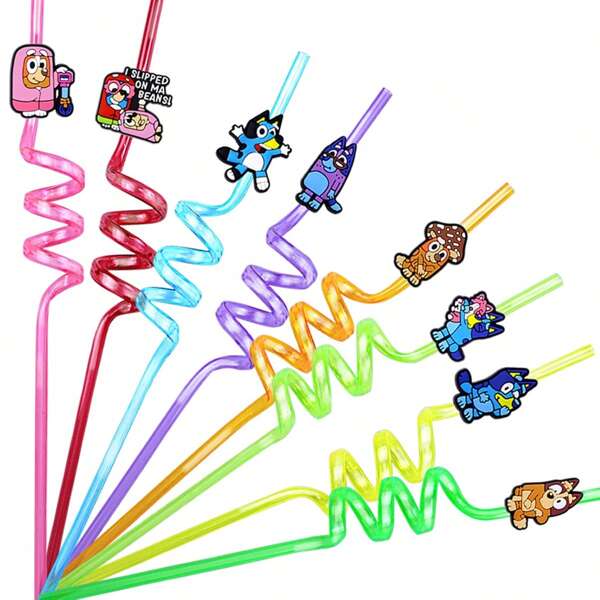 Bluey Set de 8 pajitas reutilizables con diseños de la familia y amigos del dibujo animado Blueys, que incluye a los personajes Bluey, Bingo, Coco y Rusty con un tema colorido, para fiesta (algunas partes pueden ser aleatorias)