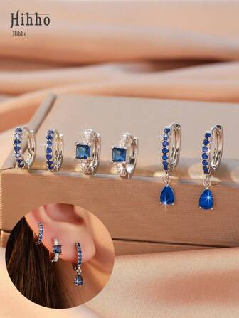 Hihho 3對/套方晶鋯石裝飾耳環