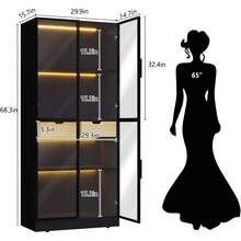HLR Display Cabinet With Glass Doors Tall Storage Cabinet With 3 Color Lights Curio Display Case With 4Tier Storage Shelves And Drawer For Collectibles Living Room Home Office - Black - View 2