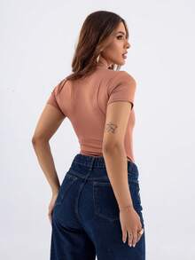 Women's Suplex Blouse Short Sleeve Basic Simple Casual Elegant - 駝色 - 查看 2