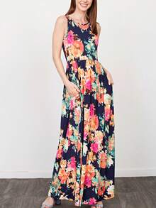 Boho Retro Vintage  Solid  Grey Color Block Color Sleeveless Grey Maxi Dress Racer | S-3X - Blue Floral - View 3