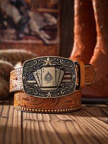 1pc Boho Western Cowboy Style Poker Embossed Metal Buckle Vintage Dark Brown PU Leather Belt Summer, School Casual, Business, Boyfriend Husband Father Dad Men Gift, Daily Wear, Fashion, Teen, Outdoor, Vacation, Athletic, Travel, Street, Boho, Vintage Fall, Autumn, Halloween Autumn-Winter Accessories,Suitable For Teens, Youth,Men,Casual, Outdoor, Athletic, Vacation, Graduation Gifts, Birthday, Daily Wear - As Shown - View 35