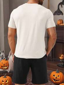 Personalized 2 Pieces Men's Halloween Set, T-Shirt And Shorts, Casual, Loose Fit. Upload Your Own Text (Name, Slogan, Fun Text, Blessing), Photos (Partner, Pet, Group), Company Uniforms, Party Costumes. Suitable As A Gift For Boyfriend, Family, Friends For Birthday, Holidays, Valentine's Day, Anniversary. - White - View 8