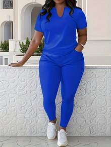 Conjunto deportivo informal de talla grande para primavera, verano y otoño, conjunto de top deportivo de cuello redondo de manga corta con colores contrastantes y pantalón deportivo de bolsillo de unicolor, ropa deportiva de talla grande para mujeres - Azul - Ver 2