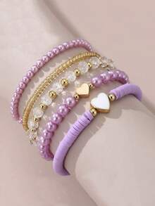 5pcs/Set Lovely Heart Pearl Beaded Bracelet Set For Girls, Suitable For Daily, Party Jewelry, Holiday Gift - Multicolor - View 6