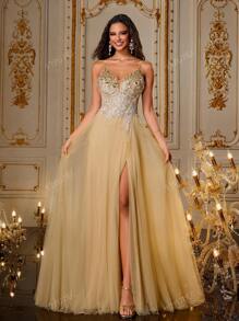 VIPGIRL Vestido de gala de tul con lentejuelas dorado champán, vestido de noche con tirantes finos brillantes, vestido formal con abertura, vestido maxi escote corazón para mujer, vestido de fiesta glamoroso, atuendo para graduación y gala