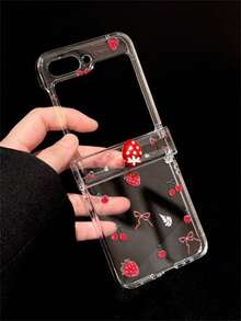 可爱红色蝴蝶结爱心透明折叠硬壳手机壳，兼容三星 Galaxy Z Flip7 Flip6 5 Z Flip 4 Z Flip3 INS 可爱透明防震保护后盖 - 草莓蝴蝶結 - 查看 6