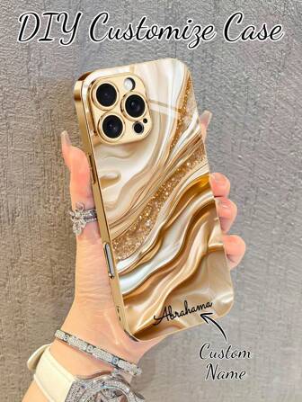 1 st. Gepersonaliseerde tekstverzilverde glazen hoes, compatibel met iPhone 16 Promax/16/15 Pro/14 Promax/11 Promax/12/13 Pro/7 Plus/13 Promax, 17Pro Max, marmergouden zandpatroon, gepersonaliseerde tekst, koppelstijl, met cameralensbeschermer, minimalistische luxe