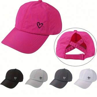 1pc Unisex Embroidered Heart Baseball Cap - Adjustable Snapback, Breathable Structured Panel, White With Black/Gray/Black/Pink Options For Golf, Outdoor Sports & Casual Wear