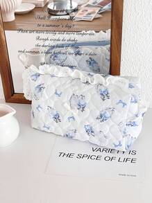 Bolsa de maquillaje de tela suave con encaje en forma de lazo, estilo lindo y dulce, gran capacidad, bolsa de lavado portátil para viajes, bolso versátil desmontable para damas