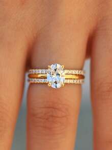 ESBERRY 3 件/套 925 纯银高光迷人方形椭圆形切割锆石装饰结婚戒指 女士情人节礼物订婚新娘首饰