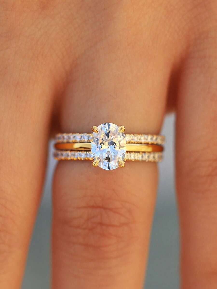 ESBERRY 3 件/套 925 纯银高光迷人方形椭圆形切割锆石装饰结婚戒指 女士情人节礼物订婚新娘首饰