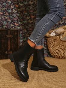 Women's Lace-Up Short Boots, New Spring/Autumn Style, Comfortable Round Toe Flat Outdoor Boots With Side Zipper, Ankle Boots & Booties, Combat Boots, Fall, Winter, Vintage Brown Or Black Leather, All-Match Versatile Boots - Black - View 4