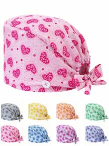 1 pieza Gorra ajustable de mujer con patrón de corazón y floral, talla única, absorbe el sudor con banda elástica, adecuada para salón de belleza, veterinaria, médico, enfermera, trabajador de saneamiento
